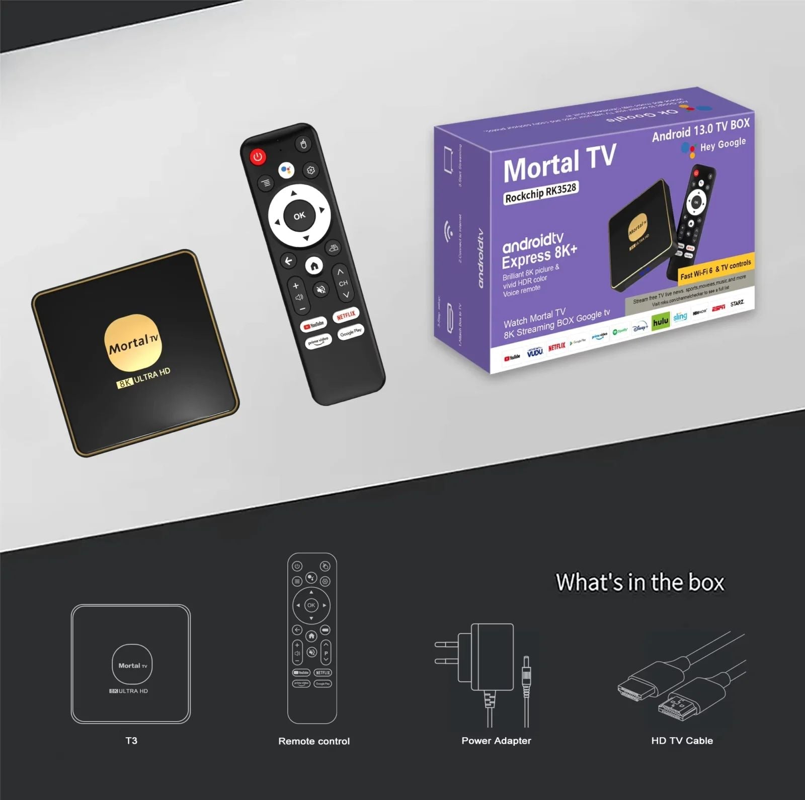 MORTAL T3 4GB 32GB Smart TV Box Android13 Rockchip3528 Quad Core Google Assistant Wifi6 Bluetooth Chromecast