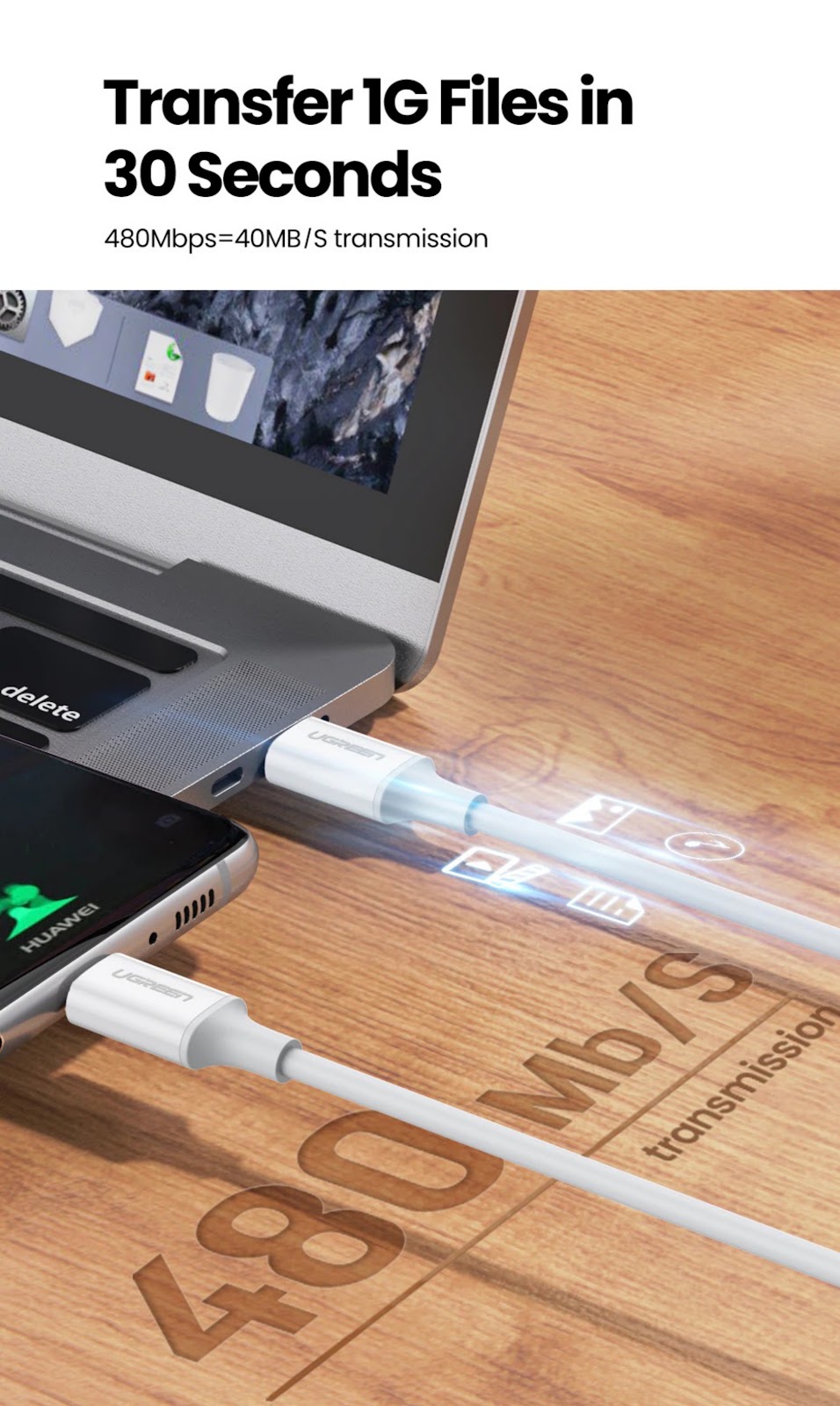 UGREEN L303 USB-C TO USB-C 60W PD CABLE WHITE 45642