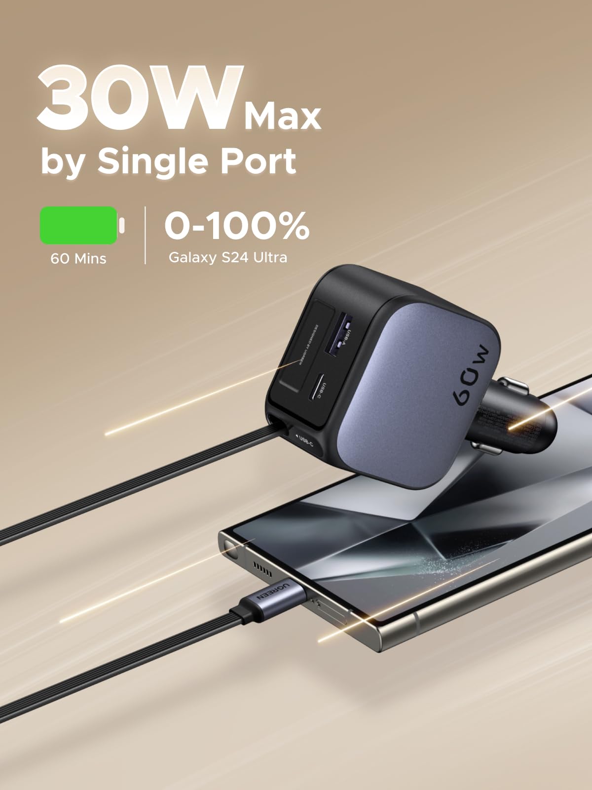 UGREEN Nexode 60W 2C1A Car Charger with Retractable Cable 55212