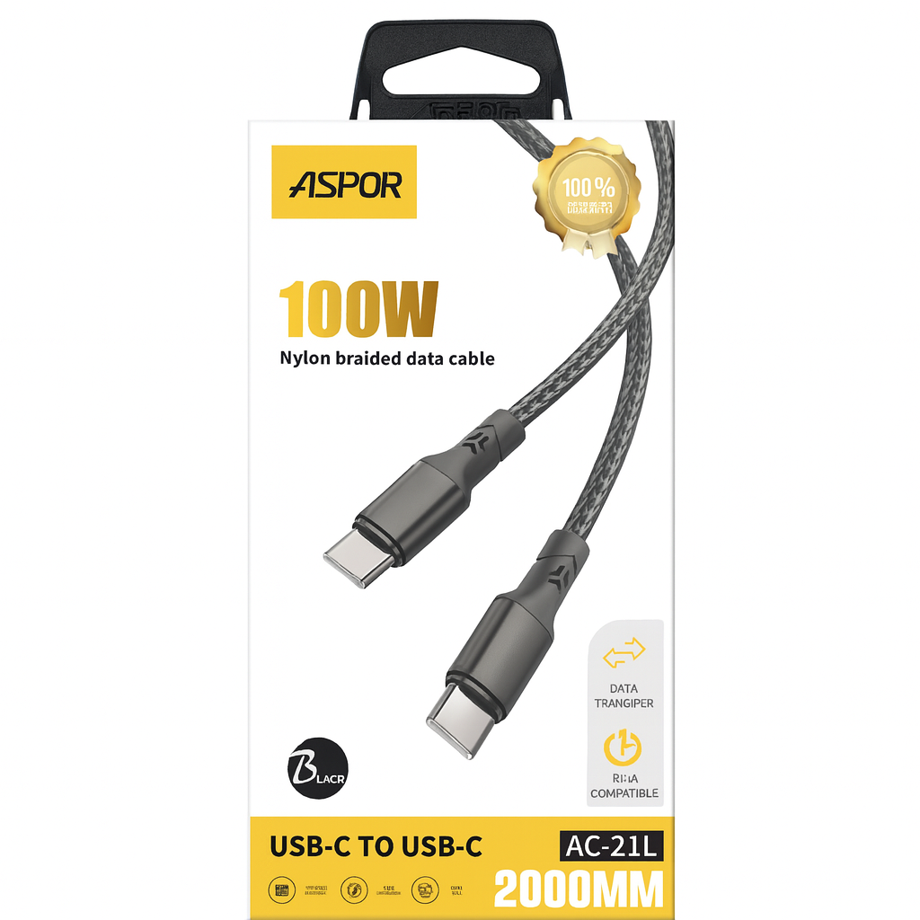 Aspor AC-21L 100W Nylon Cable Type-C to Type-C 2 Meter