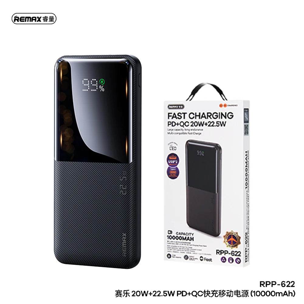REMAX 10000mAh RPP-622 PD 20W+QC 22.5W Fast Charging Cynlle Series Power Bank Black